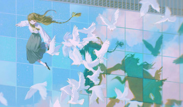 Картинка аниме животные +существа девушка голуби стена отражение