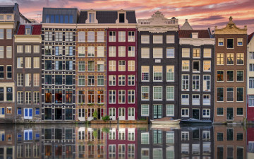 обоя города, амстердам , нидерланды, канал, дома, лодки