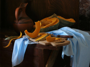 Картинка ира быкова тыква голубая ткань еда натюрморт