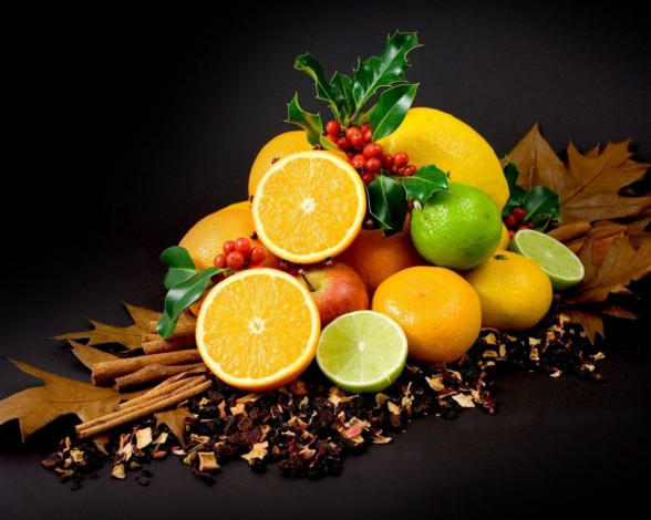 Обои картинки фото еда, фрукты, ягоды, цитрусы, лайм, яблоки, ваниль, листья, натюрморт