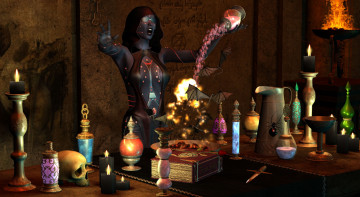 Картинка 3д графика fantasy фантазия череп огонь магия посуда книга свечи