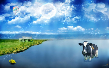 Картинка разное компьютерный дизайн вода корова облака дом