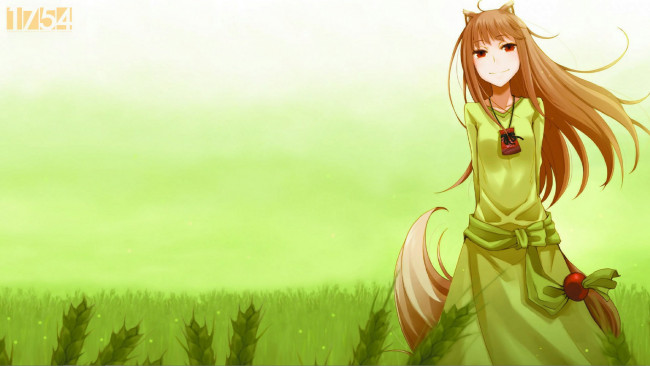 Обои картинки фото аниме, spice, and, wolf, фон, зелёный, девушка