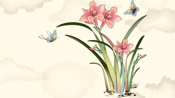 Картинка рисованные цветы бабочки