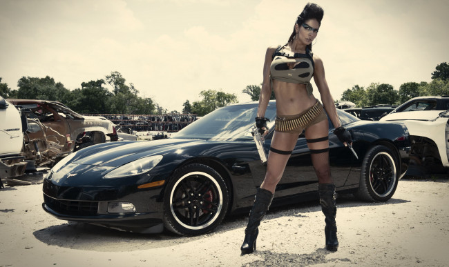 Обои картинки фото автомобили, авто, девушками, пистолет, corvette, jessica