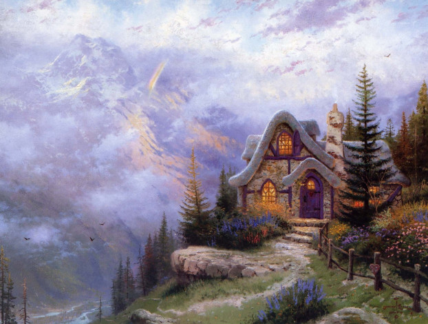 Обои картинки фото sweetheart, cottage, iii, рисованные, thomas, kinkade, коттедж, дом, ландшафт, горы