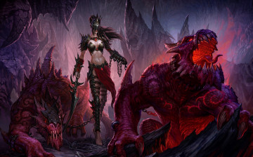 Картинка фэнтези красавицы+и+чудовища маска драконы меч маг девушка пещера цепи