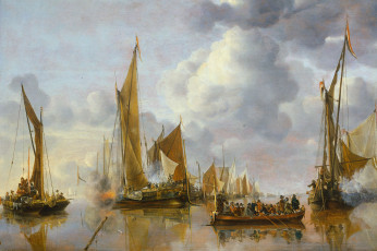 Картинка рисованное живопись салют с правительственного шлюпа морской пейзаж парус Ян ван де капелле корабль картина