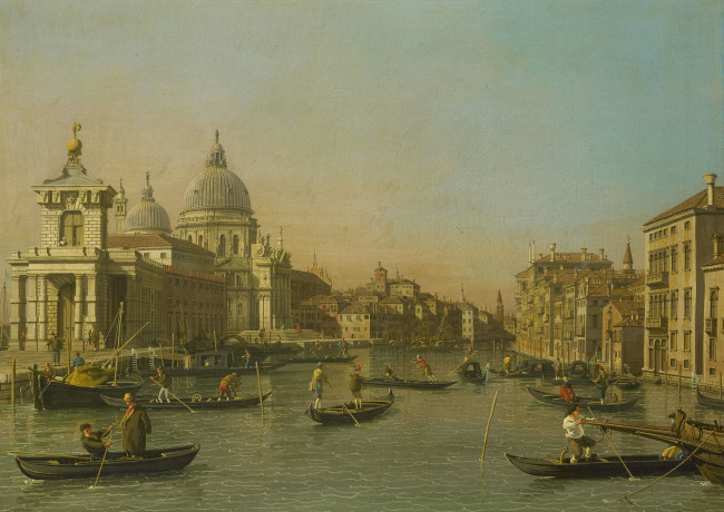 Обои картинки фото рисованное, живопись, каналетто, вход, в, гранд-канал, венеция, гондола, лодка, городской, пейзаж, картина