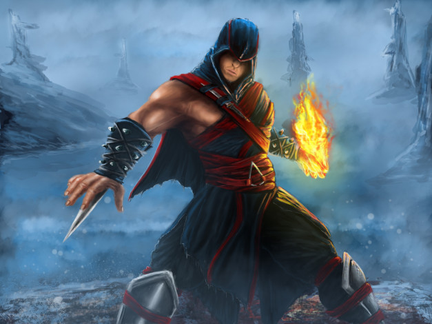 Обои картинки фото видео игры, assassin`s creed, кинжал, огонь, капюшон, фон, мужчина