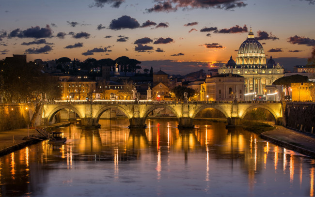 Обои картинки фото города, рим,  ватикан , италия, тибр, река, огни, мост, ночь