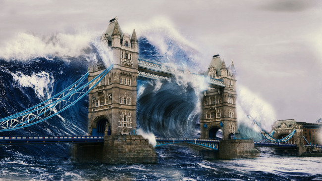 Обои картинки фото tsunami, фэнтези, иные миры,  иные времена, волна, лондон, англия, мост, тауэр, вода, стихия, бедствие, катастрофа, здание, апокалипсис, наводнение