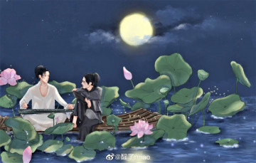 Картинка рисованное люди ван ибо сяо чжань гуцинь лотосы озеро