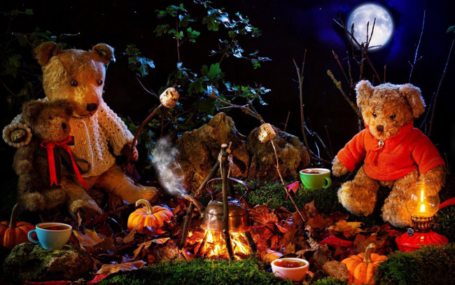 Обои картинки фото разное, игрушки, костер, чайник, ночь, луна, плюшевые, медведи