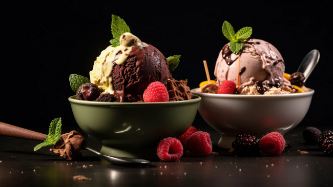 Обои картинки фото еда, мороженое,  десерты, шоколадное, малина, ежевика, мята