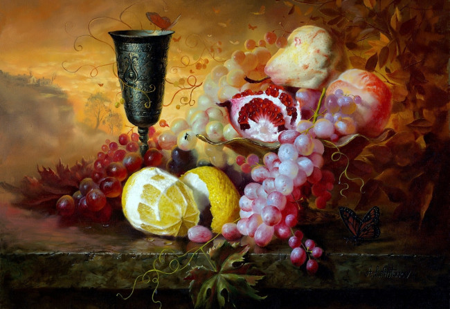 Обои картинки фото алексей, антонов, рисованные, бокал, бабочки, лимон, гранат, виноград, груша, персик
