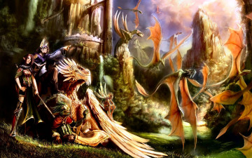 Картинка фэнтези существа эльфы драконы облака скалы