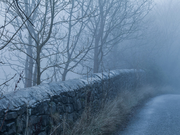 Обои картинки фото природа, дороги, утро, туман, дорога, каменная, ограда