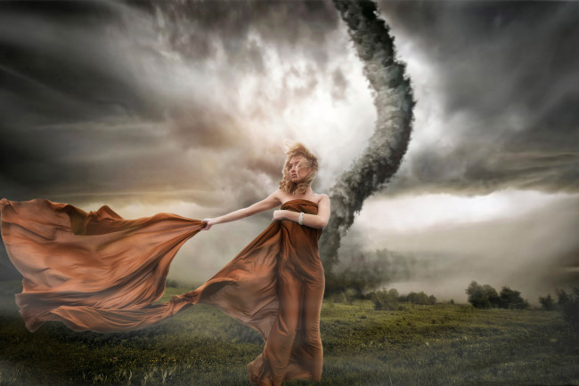 Обои картинки фото фэнтези, фотоарт, ураган, девушка, непогода, ветер, смерч, торнадо