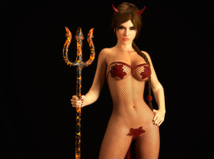 Картинка 3д+графика фантазия+ fantasy тело девушка трезубец дьявол грудь демон голая