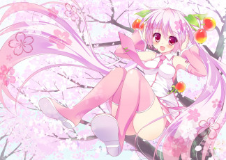 Картинка аниме unknown +другое девушка вишни цветы фон взгляд