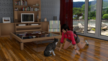 Картинка 3д+графика люди+ people девушка взгляд фон интерьер кошка