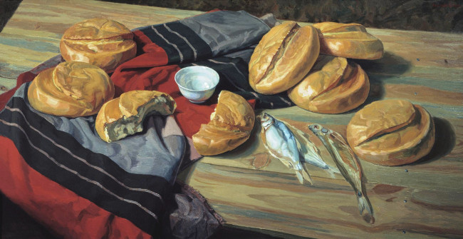 Обои картинки фото семь хлебов, рисованное, виктор маторин, стол, соль, хлеб, рыба, ткань, натюрморт