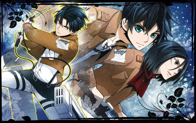 Обои картинки фото аниме, shingeki no kyojin, мечи, девушка, парни, attack, on, titan, атака, титанов, арт