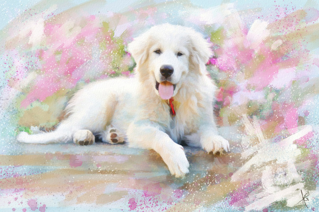 Обои картинки фото рисованное, животные,  собаки, картина, пастельные, тона, живопись, рисунок, мазки, белая, нарисованная, довольная, собака