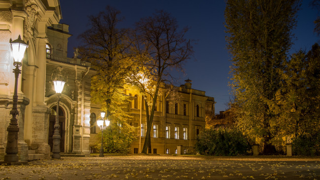 Обои картинки фото alexeevsky palace,  st,  petersburg, города, санкт-петербург,  петергоф , россия, дворец, площадь, ночь