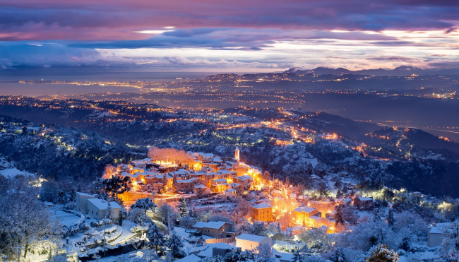 Обои картинки фото аспремон, города, - огни ночного города, зима, снег, панорама, огни, город