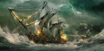 обоя корабли, 3d, морской, бой, julian, calle, парусники, волны, море, фрегаты, молния, шторм