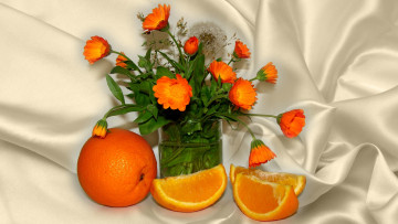Картинка еда натюрморт авторское фото елена аникина лето апельсин календула оранжевый цвет цветы