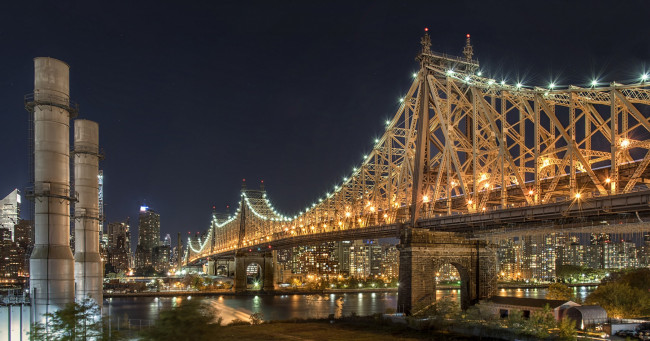 Обои картинки фото queensboro bridge, города, нью-йорк , сша, огни, ночь, панорама, река