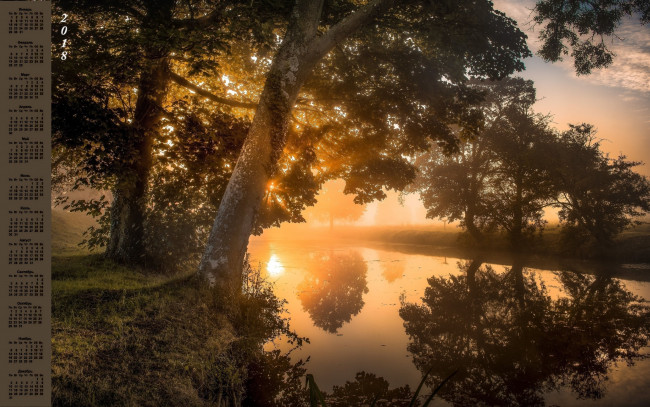 Обои картинки фото календари, природа, туман, деревья, водоем, 2018