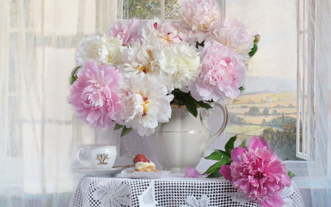 Обои картинки фото цветы, пионы, букет, ваза