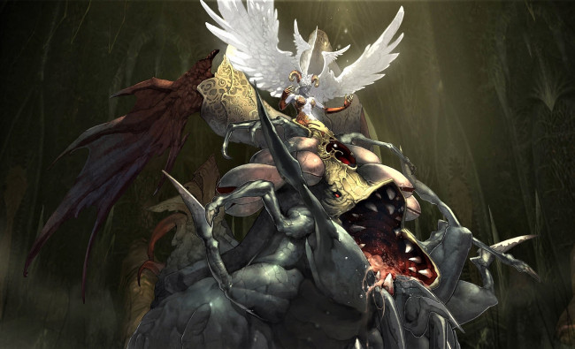 Обои картинки фото видео игры, lineage ii,  goddess of destruction, девушка, крылья, монстр