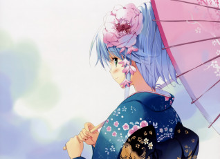 Картинка аниме *unknown другое цветок девушка взгляд зонт юката