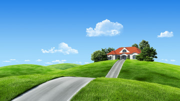 Картинка разное компьютерный дизайн пейзаж дорога дом луг
