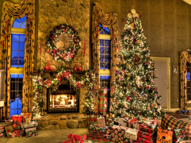 Обои картинки фото праздничные, новогодний, очаг, елка, камин, гирлянды, подарки