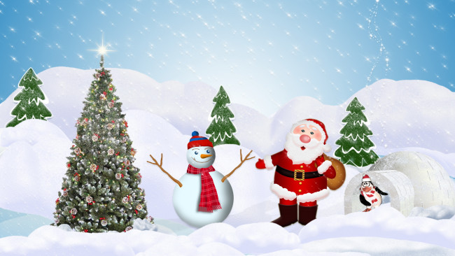 Обои картинки фото праздничные, векторная, графика, новый, год, снеговик, ели, снег