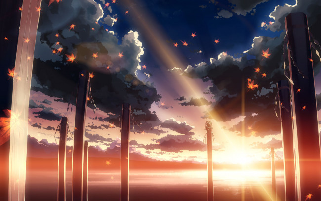 Обои картинки фото аниме, *unknown, другое, листья, небо, восход