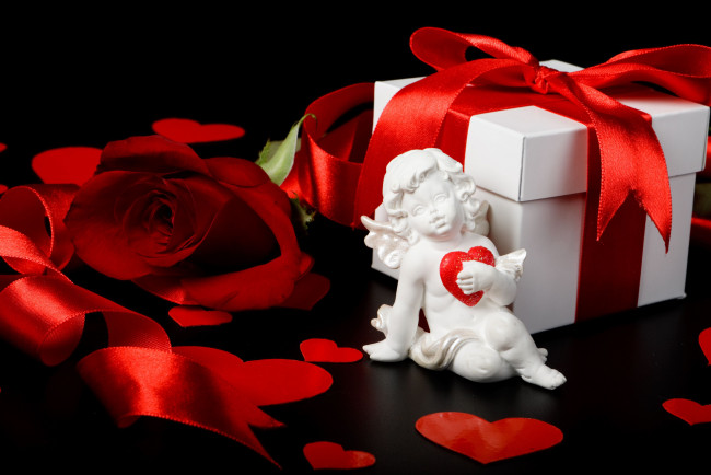 Обои картинки фото праздничные, день, св, валентина, сердечки, любовь, подарок, роза, коробка, ангелочек