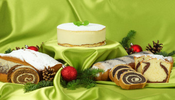 Картинка праздничные угощения торт рулет кекс шишки шарики