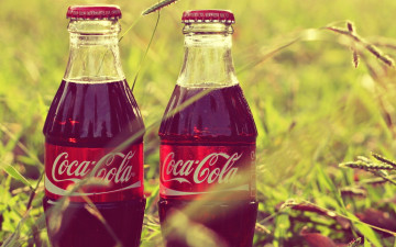 обоя две, бутылки, бренды, coca, cola, трава, coca-cola