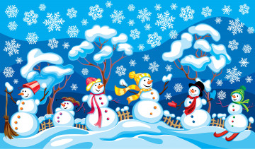 обоя праздничные, векторная графика , новый год, снег, деревья, снеговики, снежинки