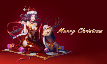 Картинка праздничные рисованные merry christmas девушка подарки олень ковёр