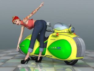Картинка мотоциклы 3d взгляд девушка рыжая фон мотоцикл