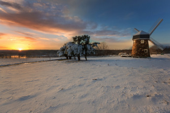 Картинка разное мельницы закат коннектикут голландская мельница озеро зима