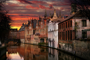 Картинка города брюгге+ бельгия канал мост вечер
